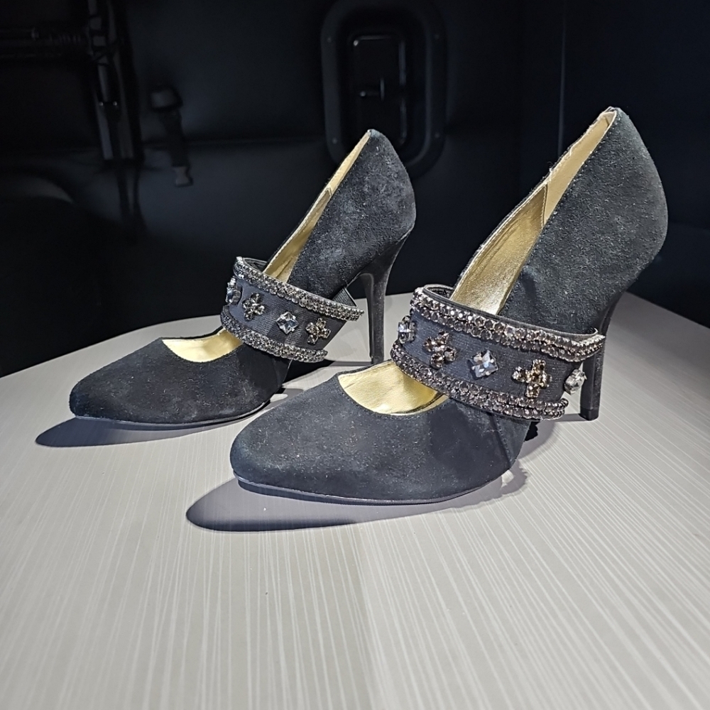 Mark Black Faux Suede Jeweled Strap Mary Jane Pumps Size 10 EUC‎